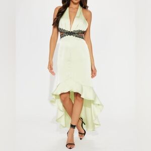 fashion nova Audrey satin maxi dress green NWT